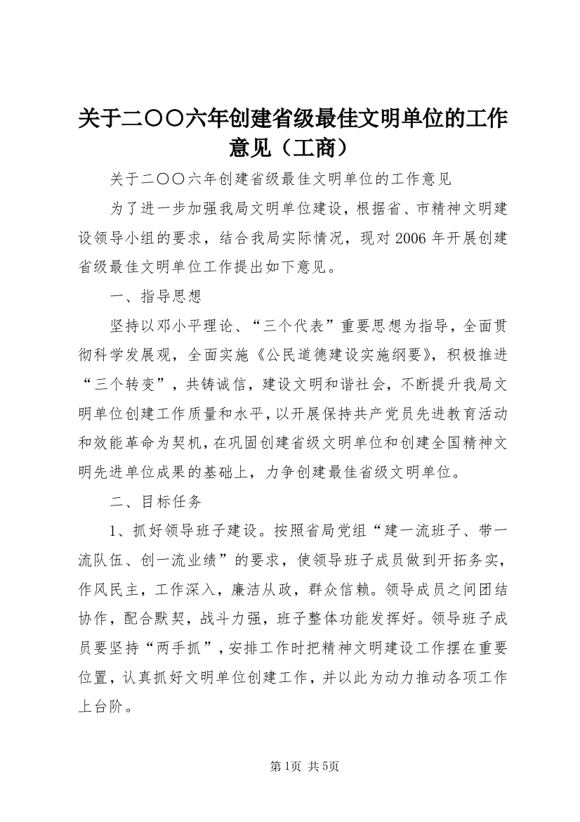 关于二○○六年创建省级最佳文明单位的工作意见（工商）