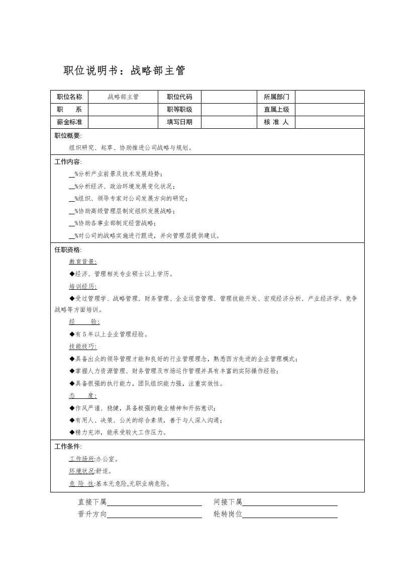 战略部主管职务说明书