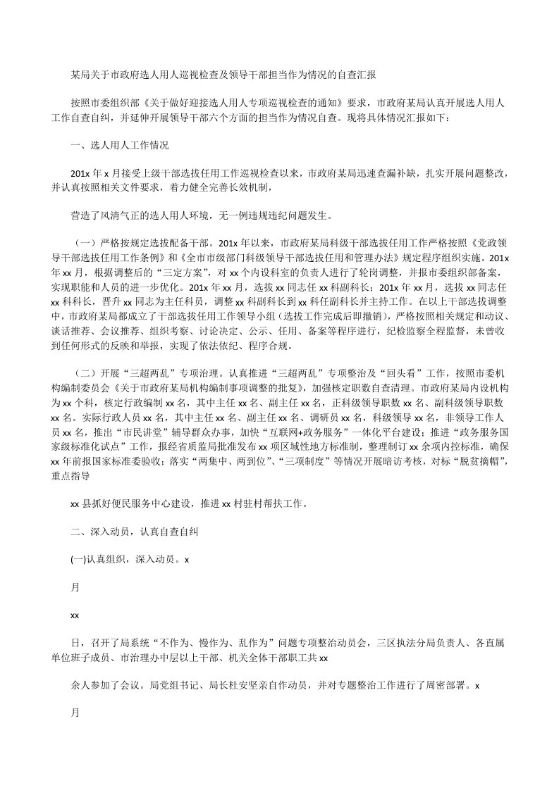 某局关于市政府选人用人巡视检查及领导干部担当作为情况的自查汇报[修改版]