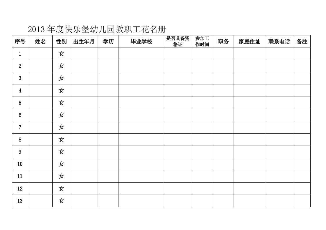 幼儿园教职工花名册