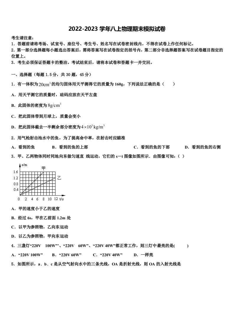 2022-2023学年安微省物理八年级上册期末检测模拟试题含解析