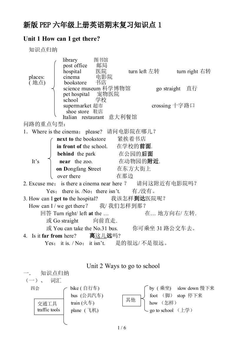 新版PEP六年级上册英语期末复习知识点1