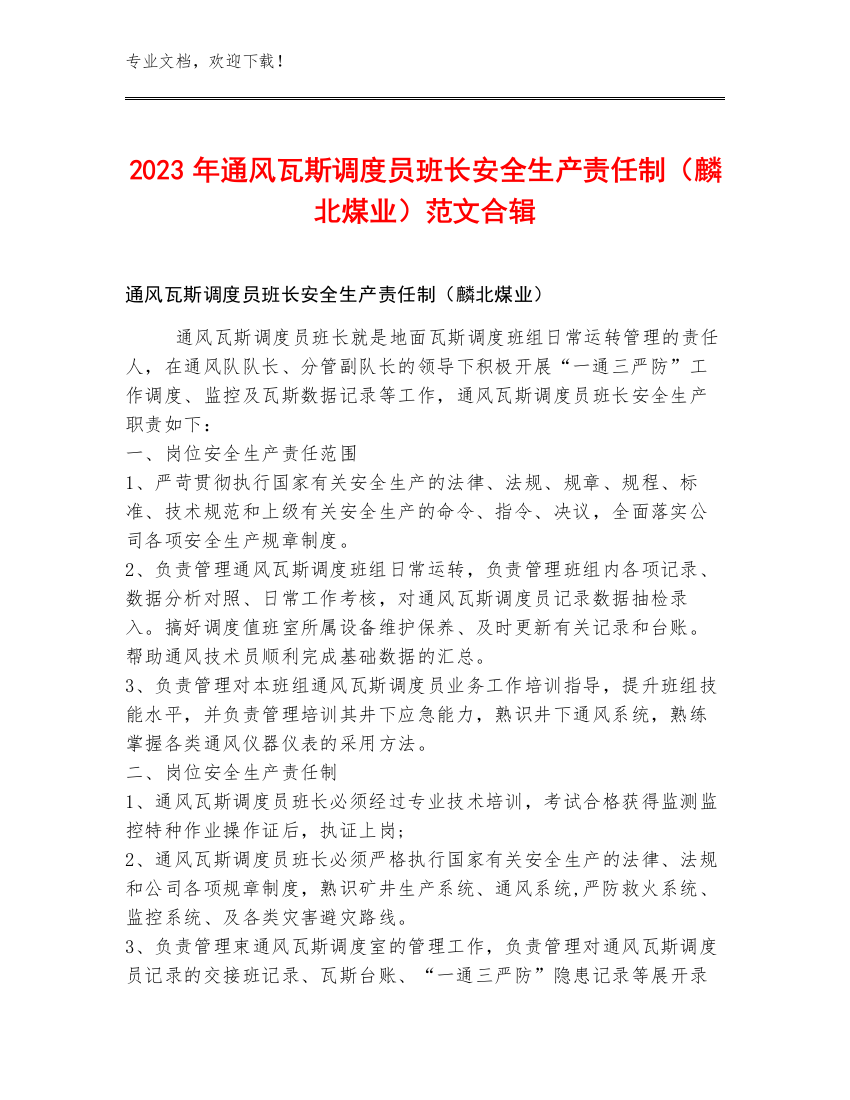 2023年通风瓦斯调度员班长安全生产责任制（麟北煤业）范文合辑