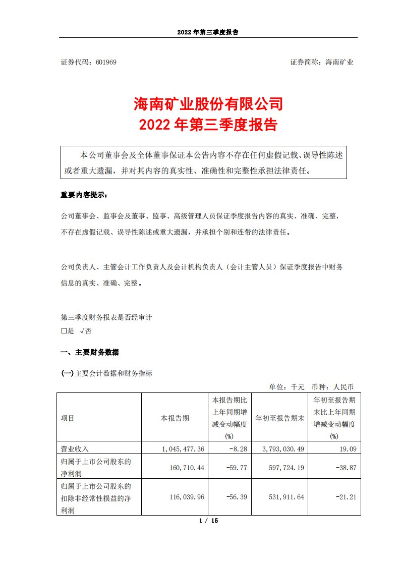 上交所-海南矿业股份有限公司2022年第三季度报告-20221028