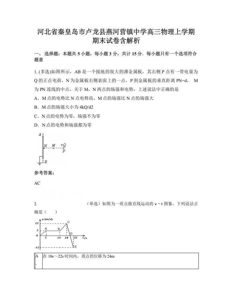 河北省秦皇岛市卢龙县燕河营镇中学高三物理上学期期末试卷含解析