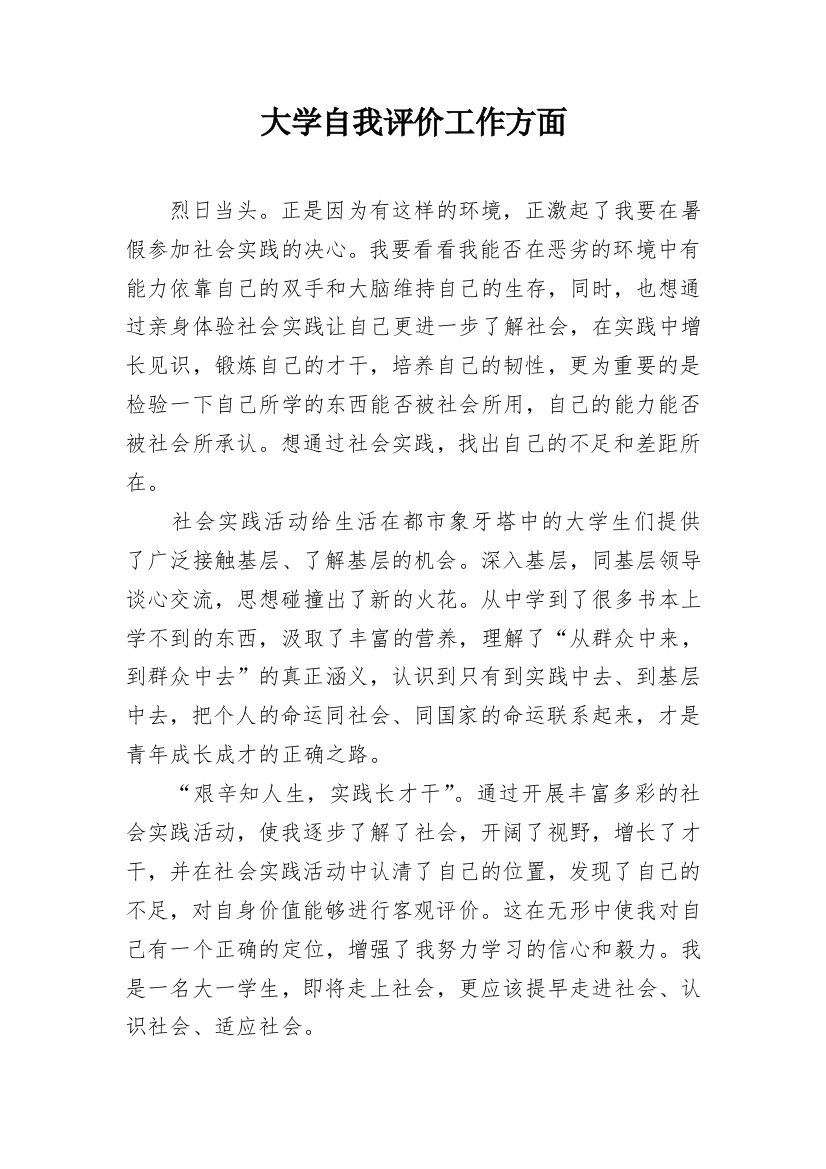 大学自我评价工作方面