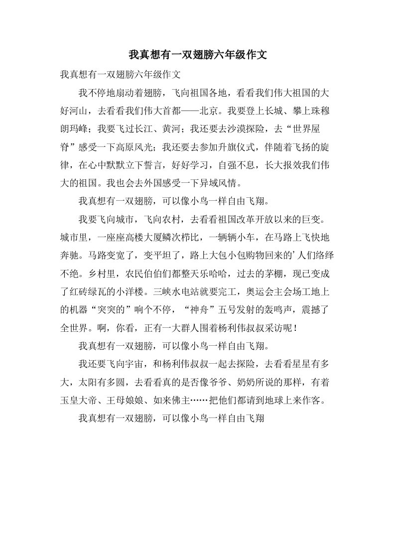 我真想有一双翅膀六年级作文