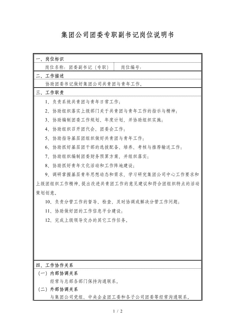 集团公司团委专职副书记岗位说明书