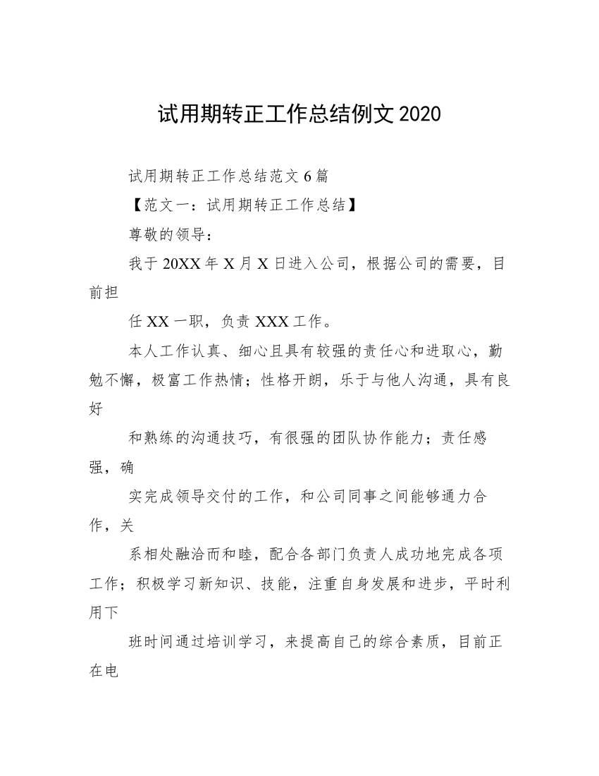 试用期转正工作总结例文2020