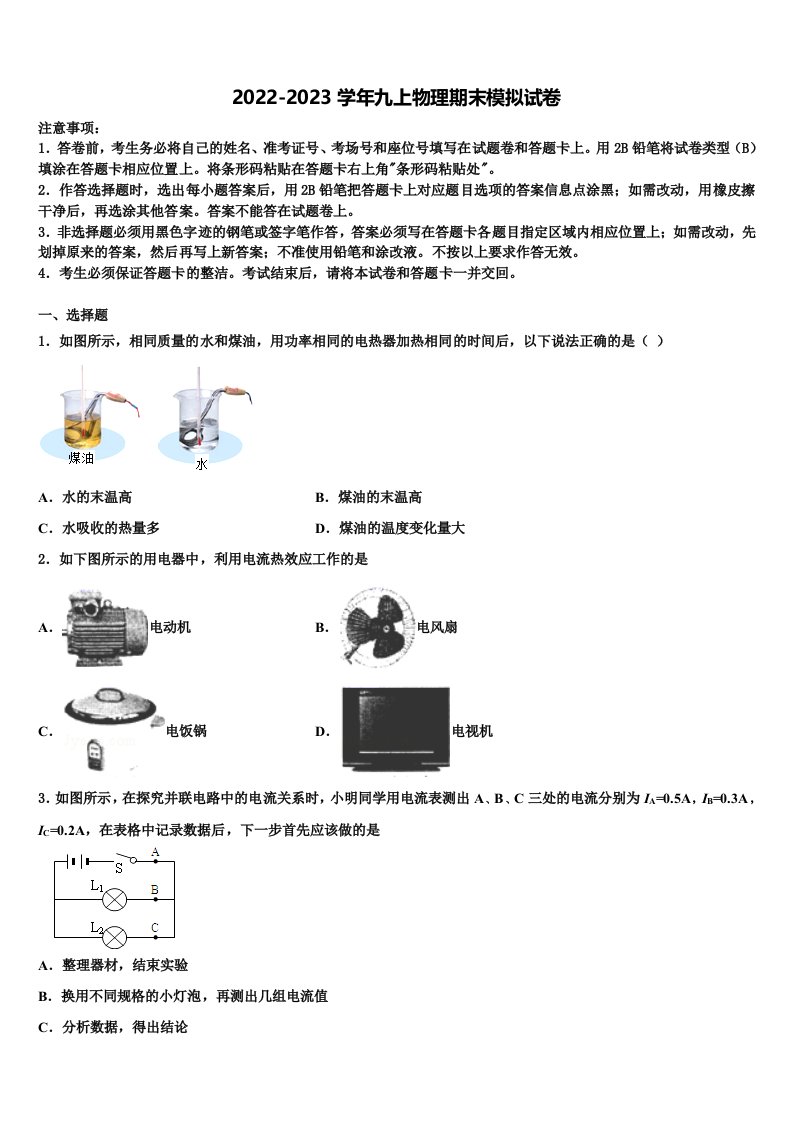 2022-2023学年四川省阿坝市物理九年级第一学期期末考试模拟试题含解析