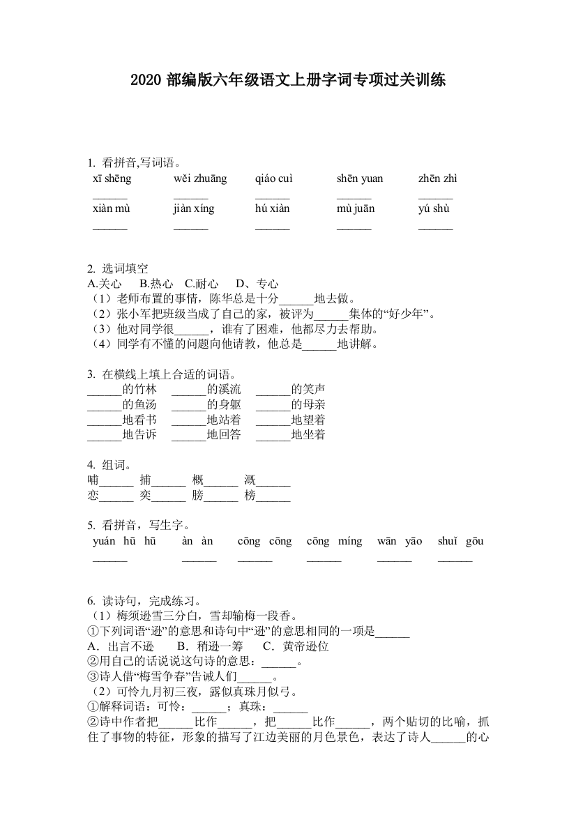 2020部编版六年级语文上册字词专项过关训练