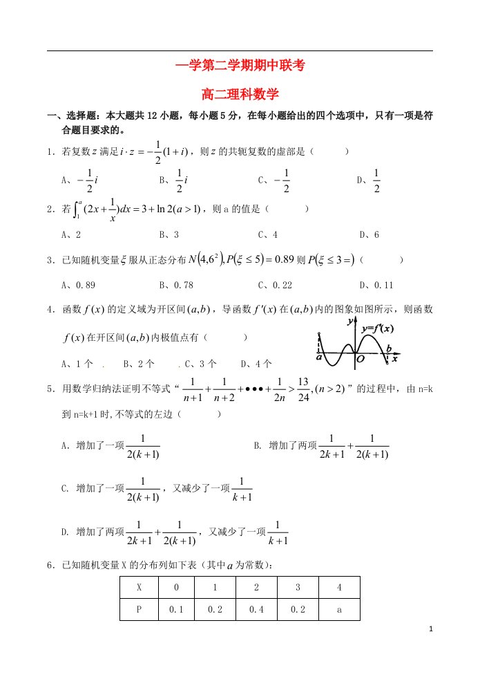 河北省邯郸市大名县、永县、磁县、邯郸县四县高二数学下学期期中联考试题