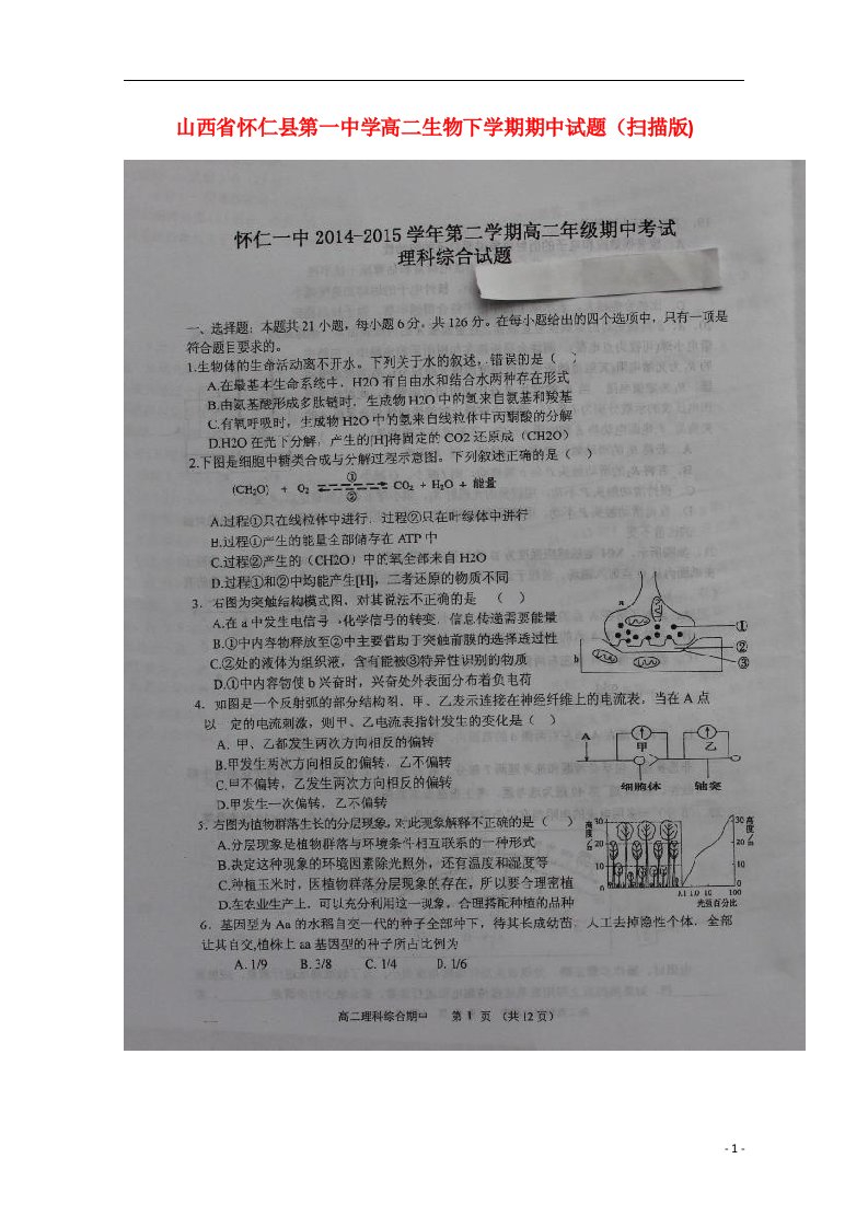 山西省怀仁县第一中学高二生物下学期期中试题（扫描版)