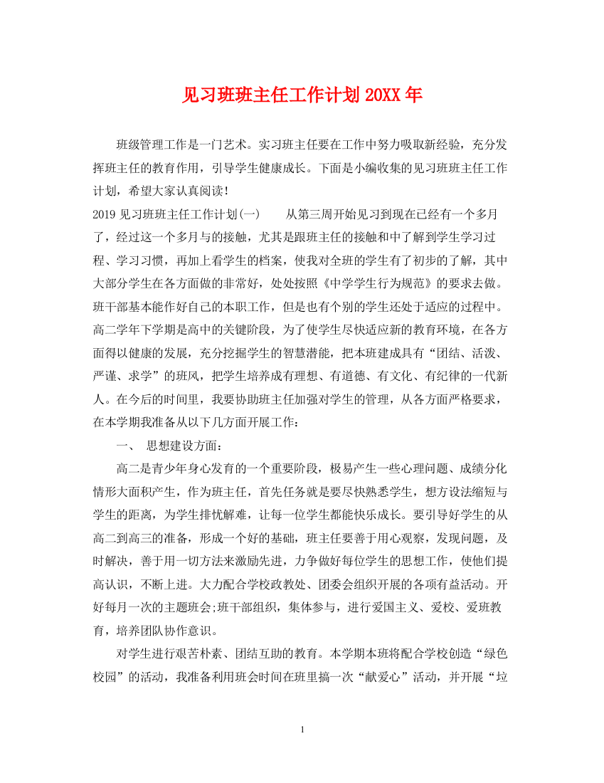 精编之见习班班主任工作计划2