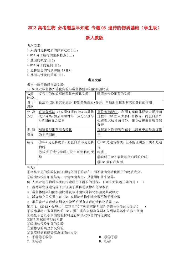 2013高考生物必考题型早知道专题06遗传的物质基础(学生版)新人教版