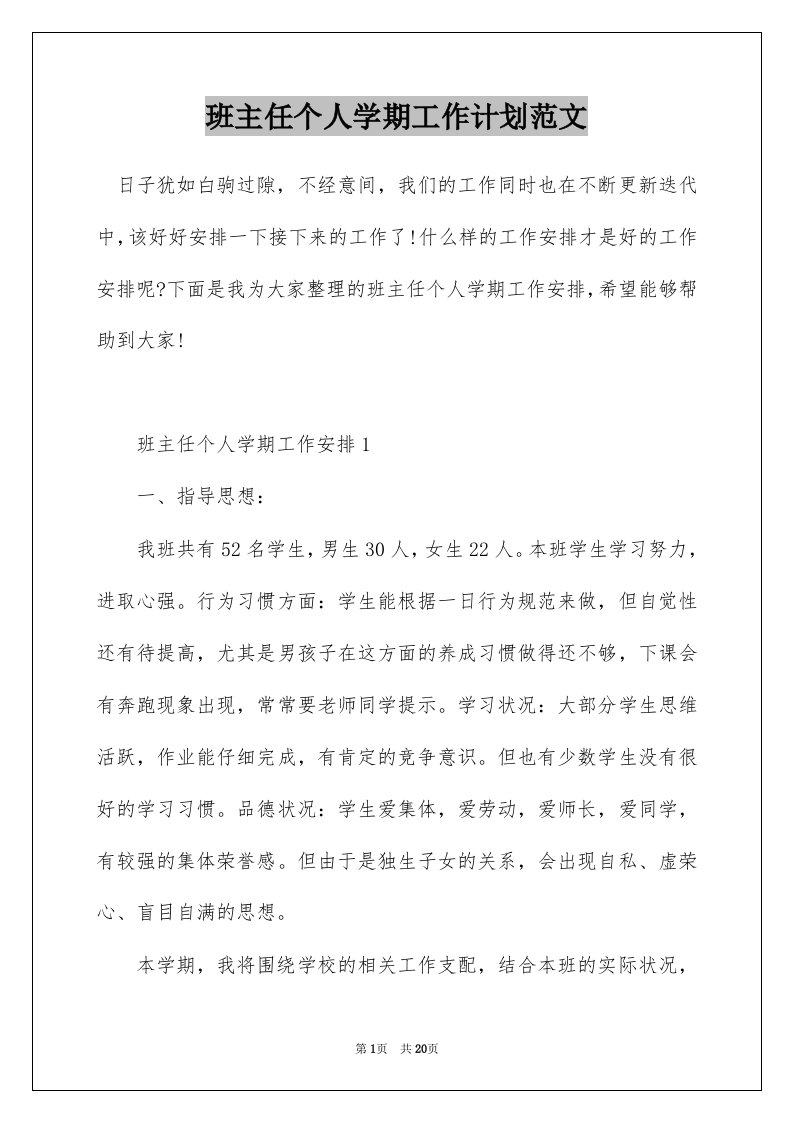 班主任个人学期工作计划范文