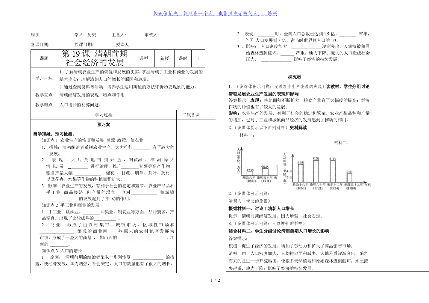 人教部编版(五四学制)六年级历史下册第19课-清朝前期社会经济的发展导学案(无答案)