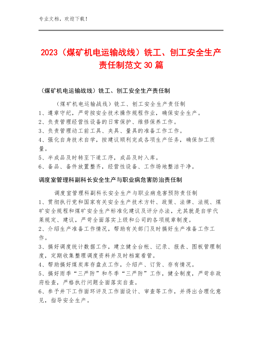 2023（煤矿机电运输战线）铣工、刨工安全生产责任制范文30篇