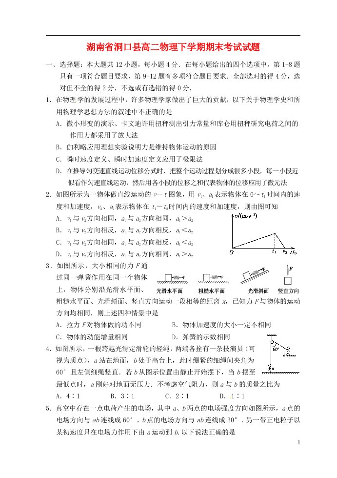 湖南省洞口县高二物理下学期期末考试试题