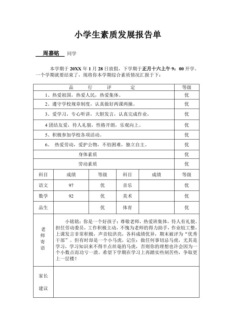 发展战略-小学生素质发展报告单