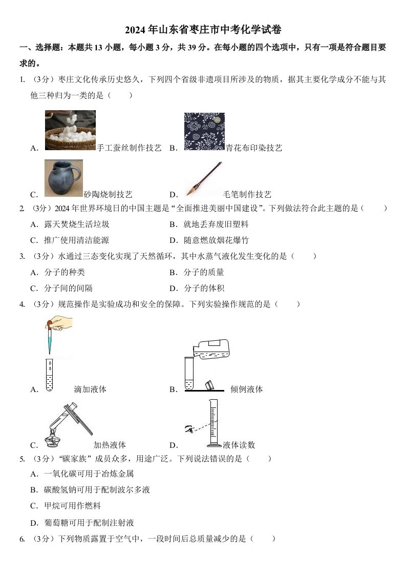 2024年山东省枣庄市中考化学试卷附参考答案含真题答案