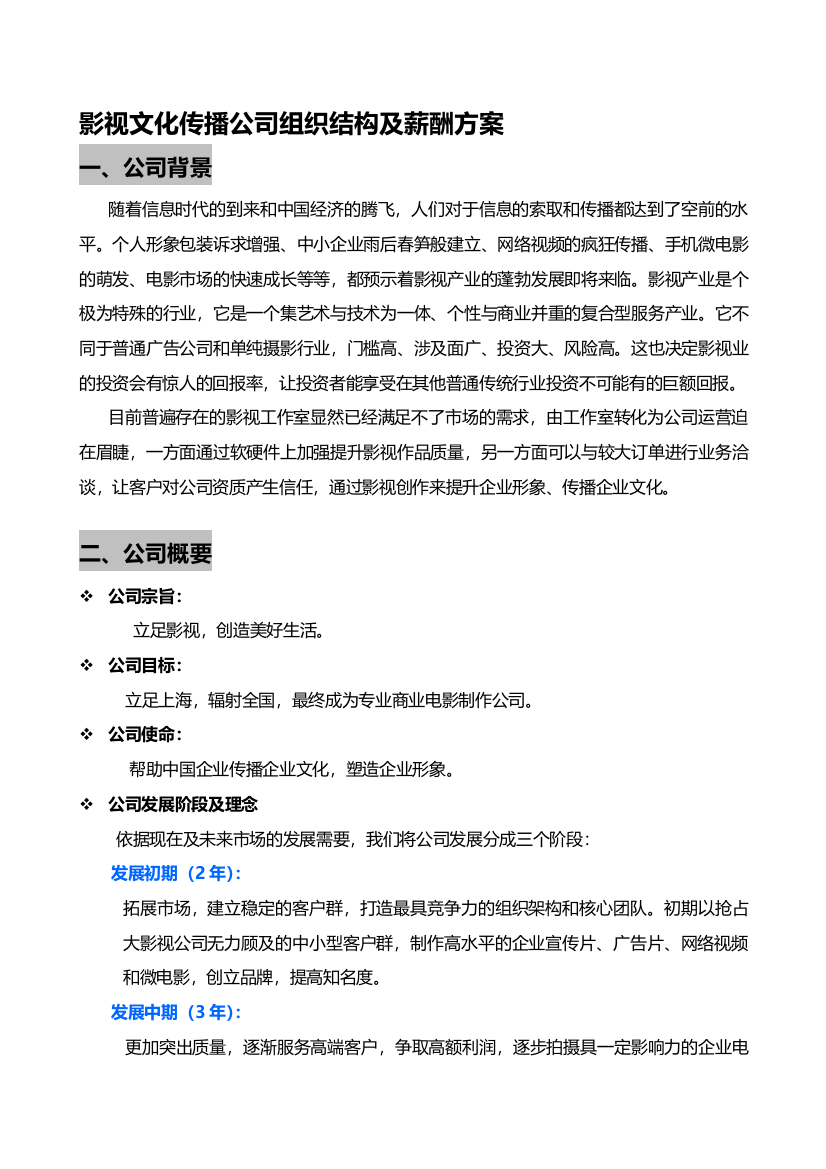 影视文化传播公司组织结构及薪酬方案