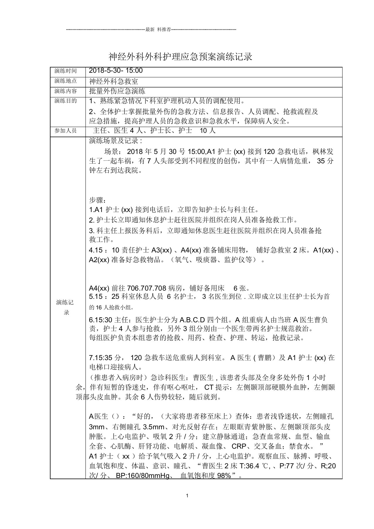 神经外科批量外伤急救应急预案演练记录