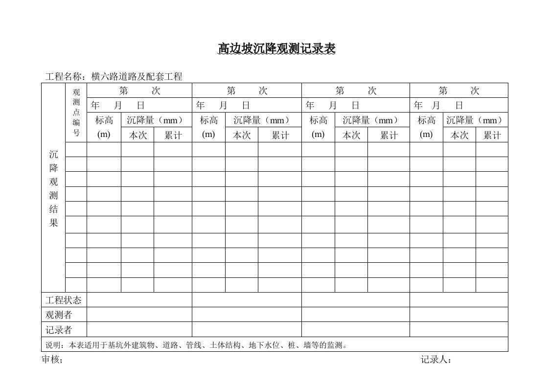 高边坡沉降观测记录表