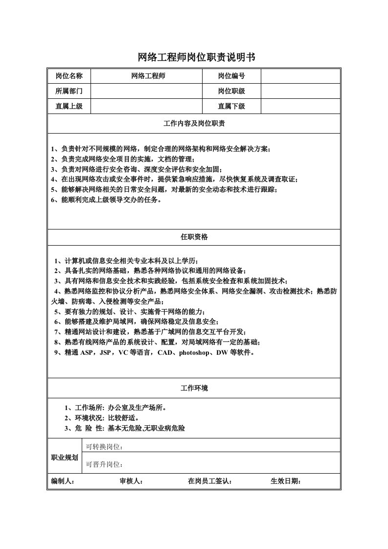 岗位职责-中小it企业网络工程师岗位职责说明书