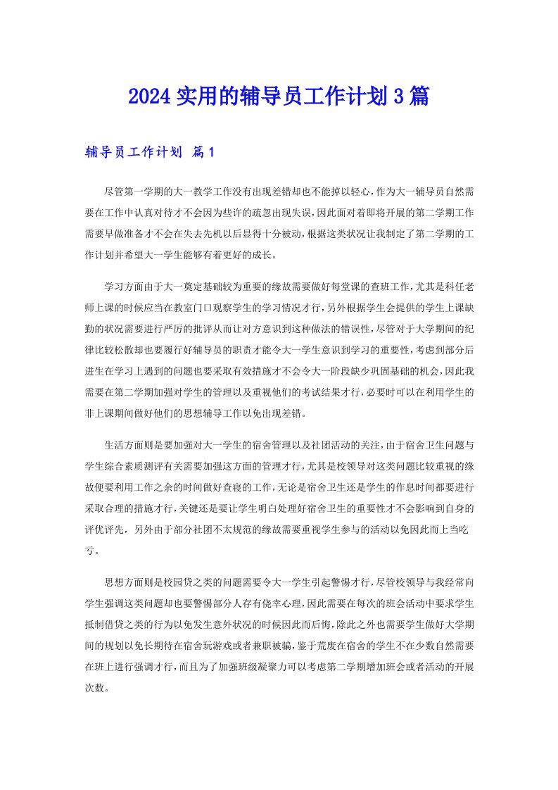 2024实用的辅导员工作计划3篇