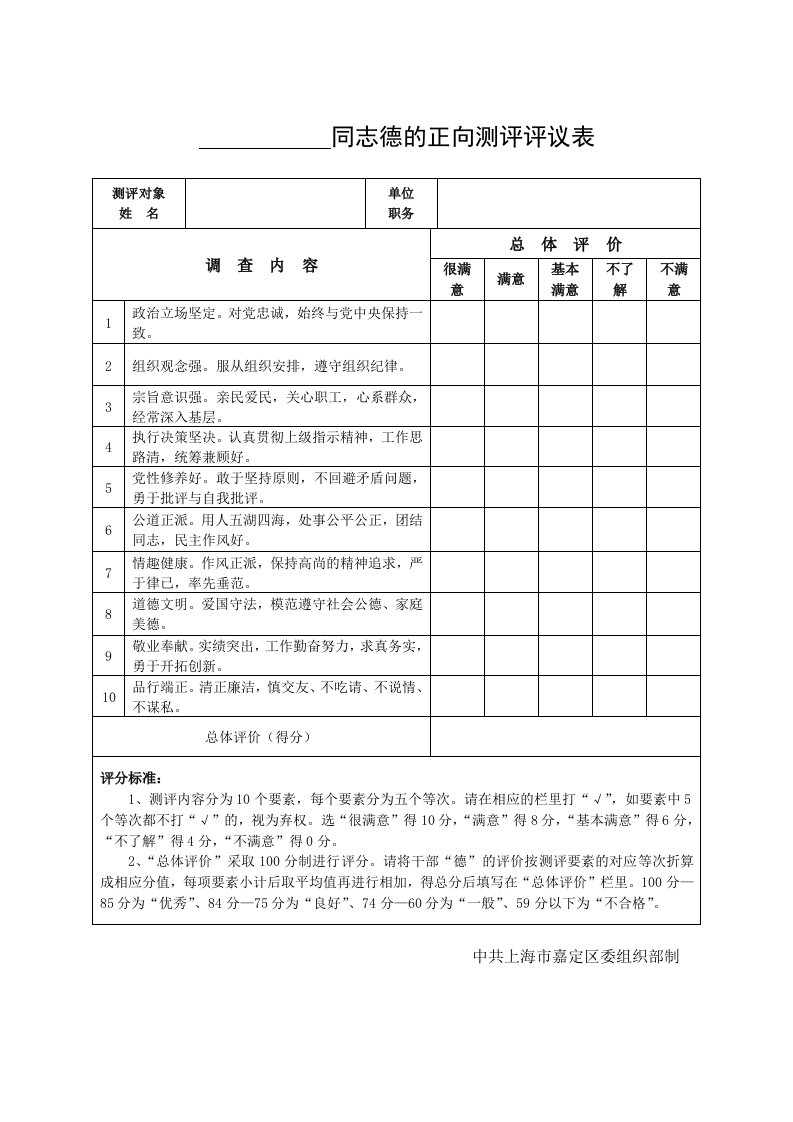 同志德的正向测评评议表