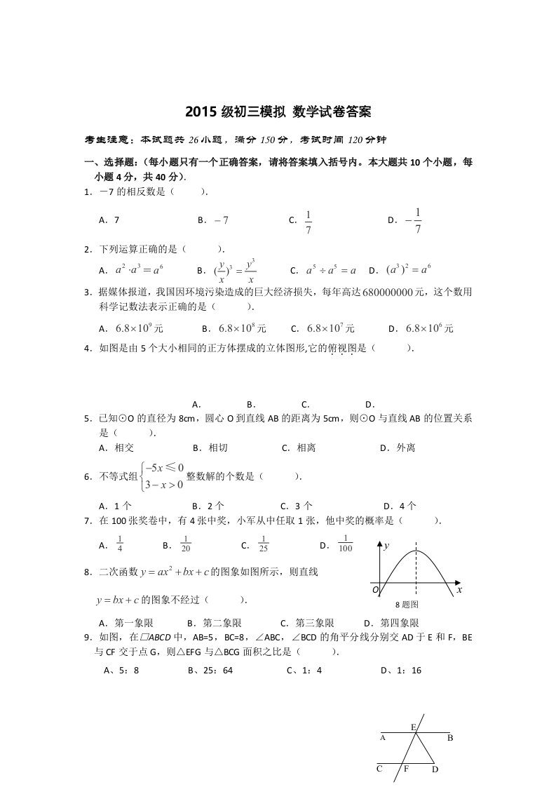 2015级初三模拟数学试卷答案