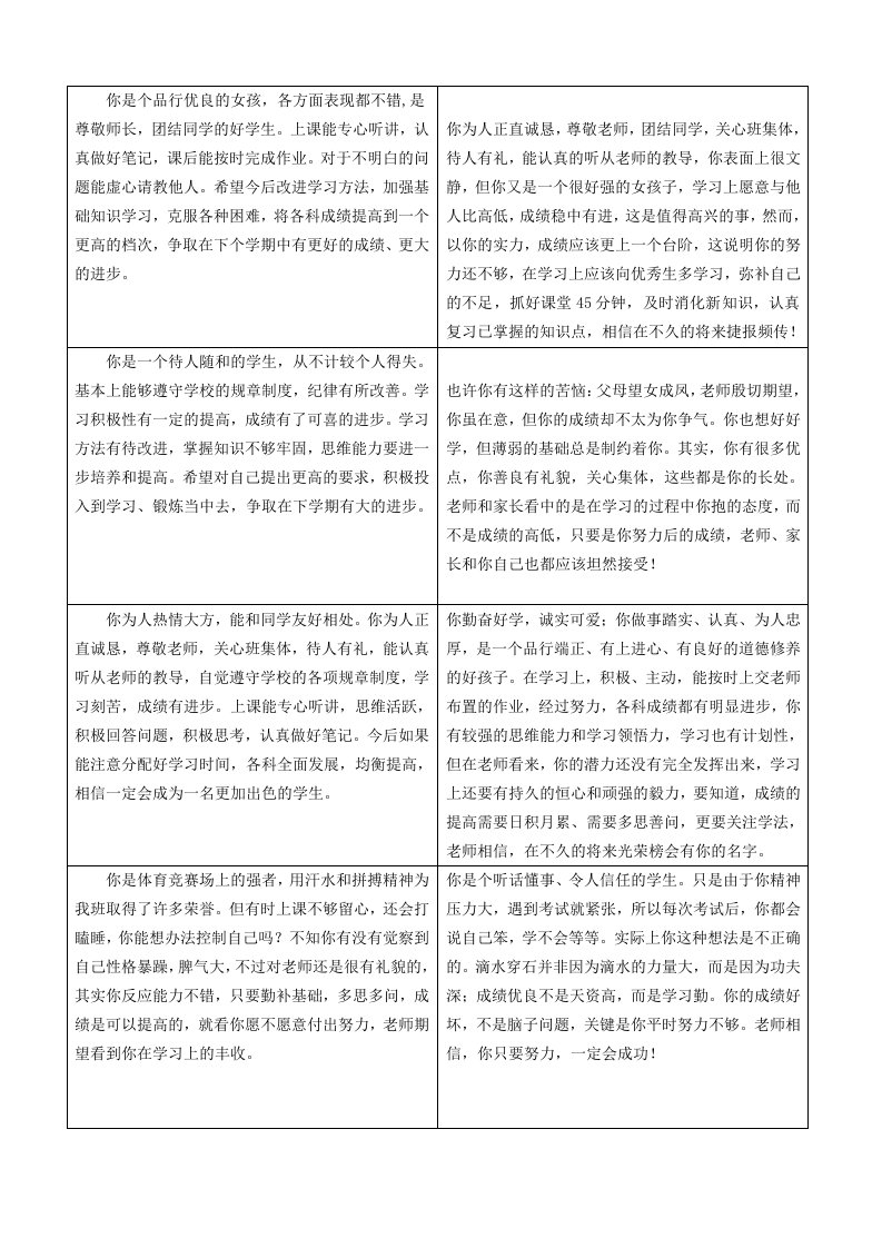 初一学生期末评语