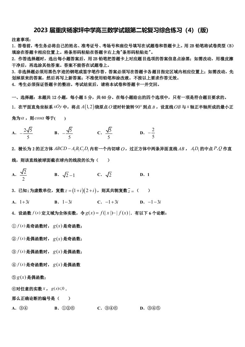 2023届重庆杨家坪中学高三数学试题第二轮复习综合练习（4）（版）含解析