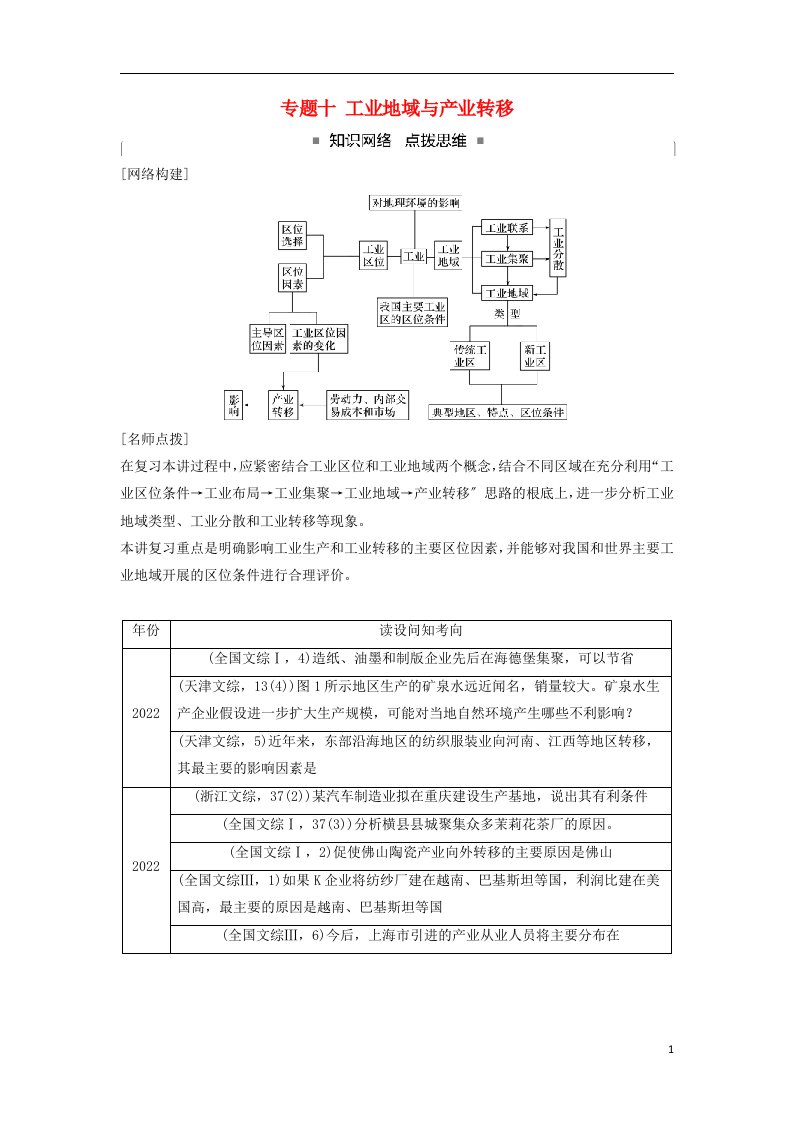 2022届高考地理二轮专题复习专题十工业地域与产业转移讲义新人教版