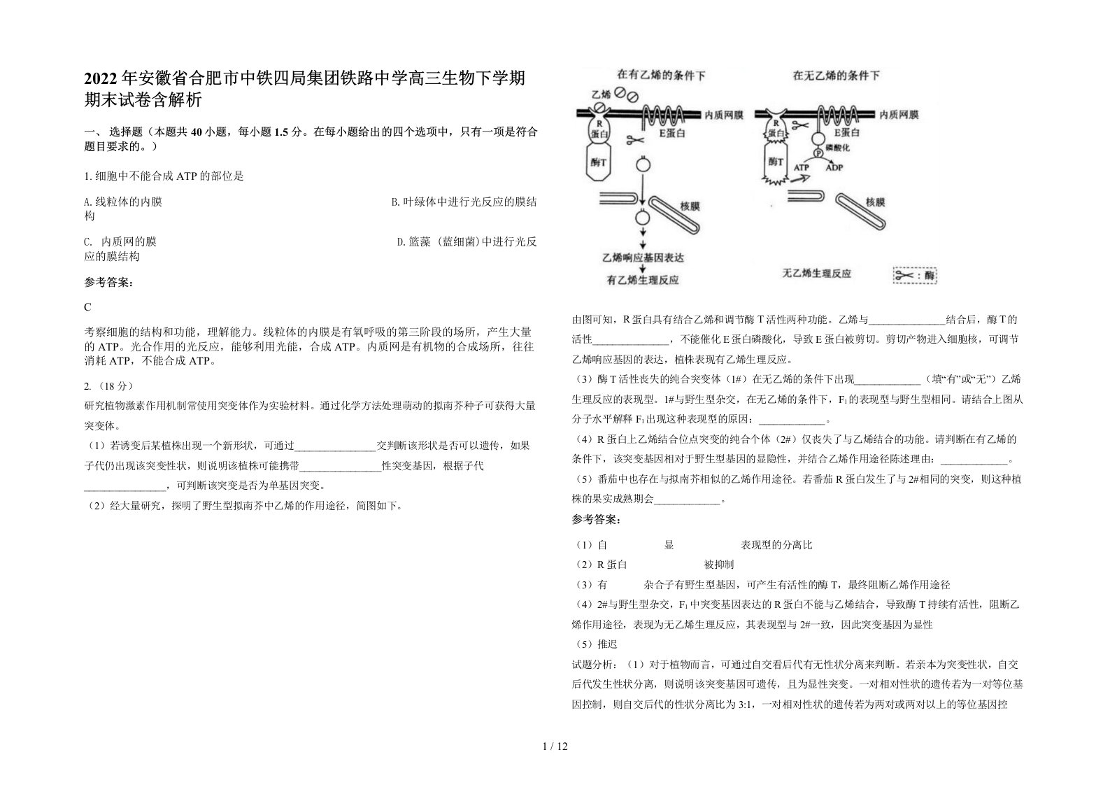 2022年安徽省合肥市中铁四局集团铁路中学高三生物下学期期末试卷含解析