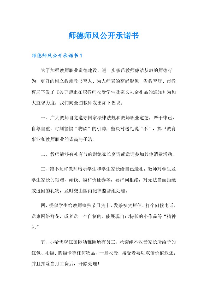 师德师风公开承诺书