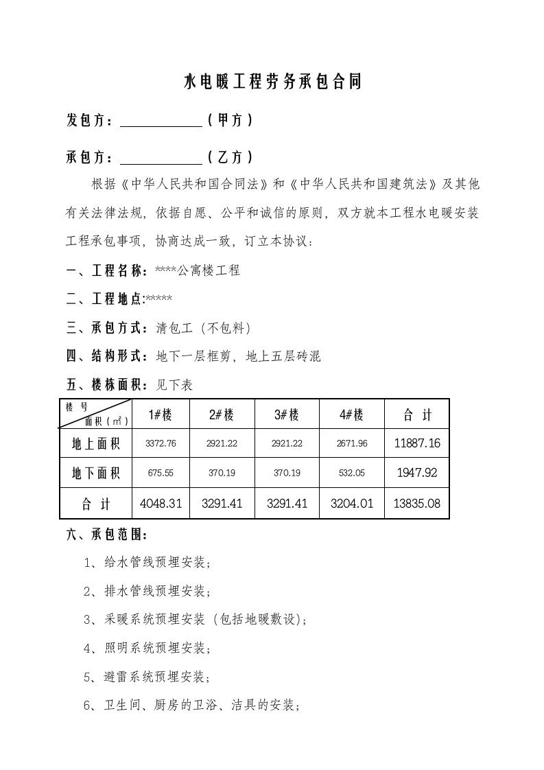 水电暖工程劳务承包合同