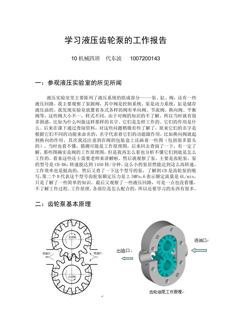 学习液压齿轮泵的工作报告