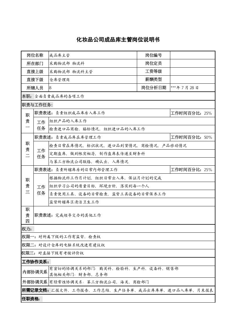 化妆品公司成品库主管岗位说明书