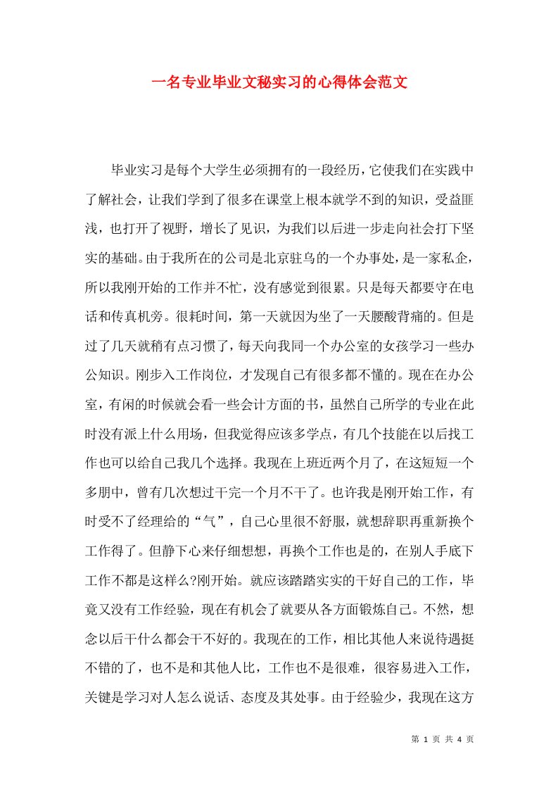 一名专业毕业文秘实习的心得体会范文