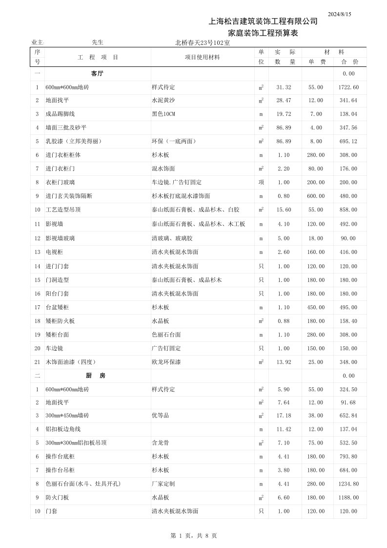 北桥春天家庭装饰工程预算表