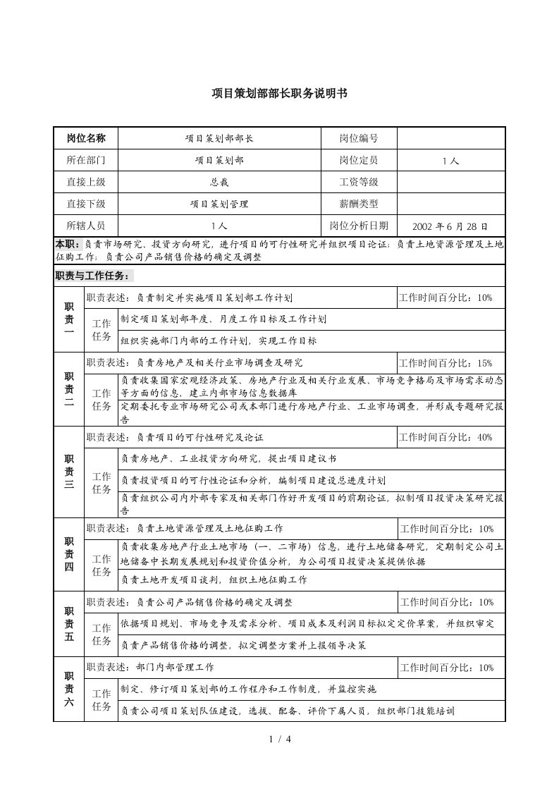 集团亚太区项目策划部部长职务说明书