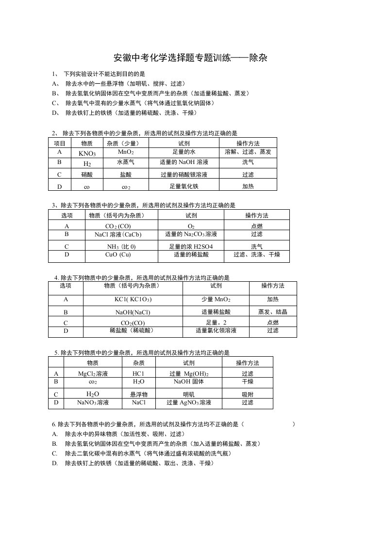 中考化学学科选择题专题训练除杂选择题