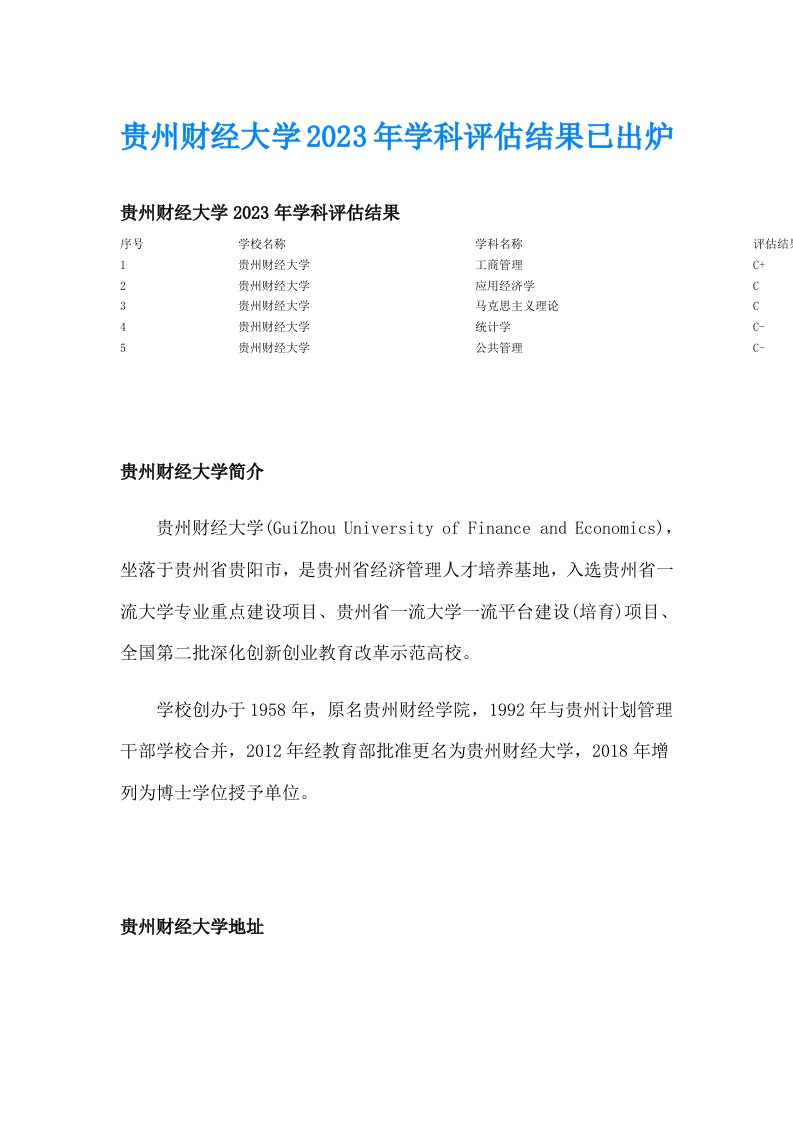 贵州财经大学2023年学科评估结果已出炉