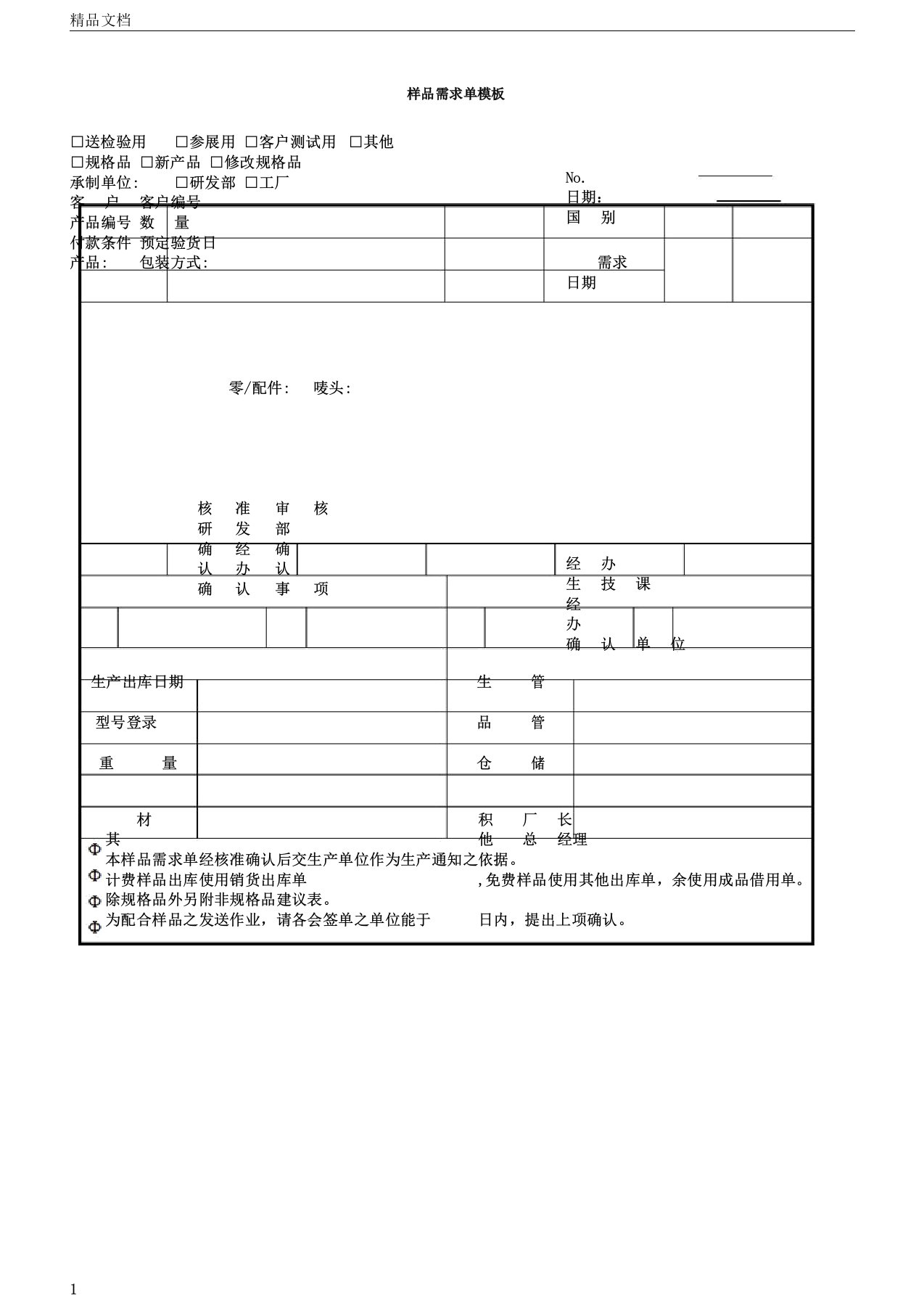 样品需求单模板