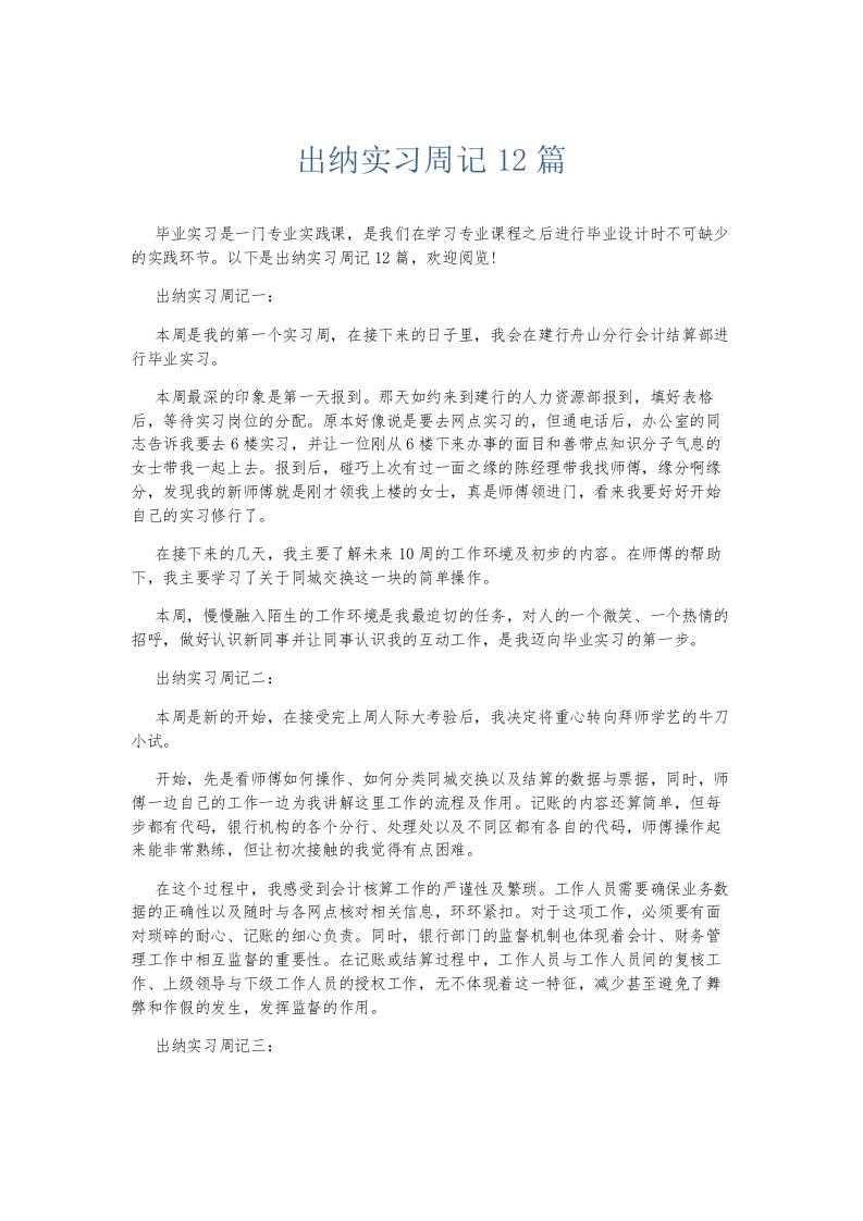 总结报告出纳实习周记12篇