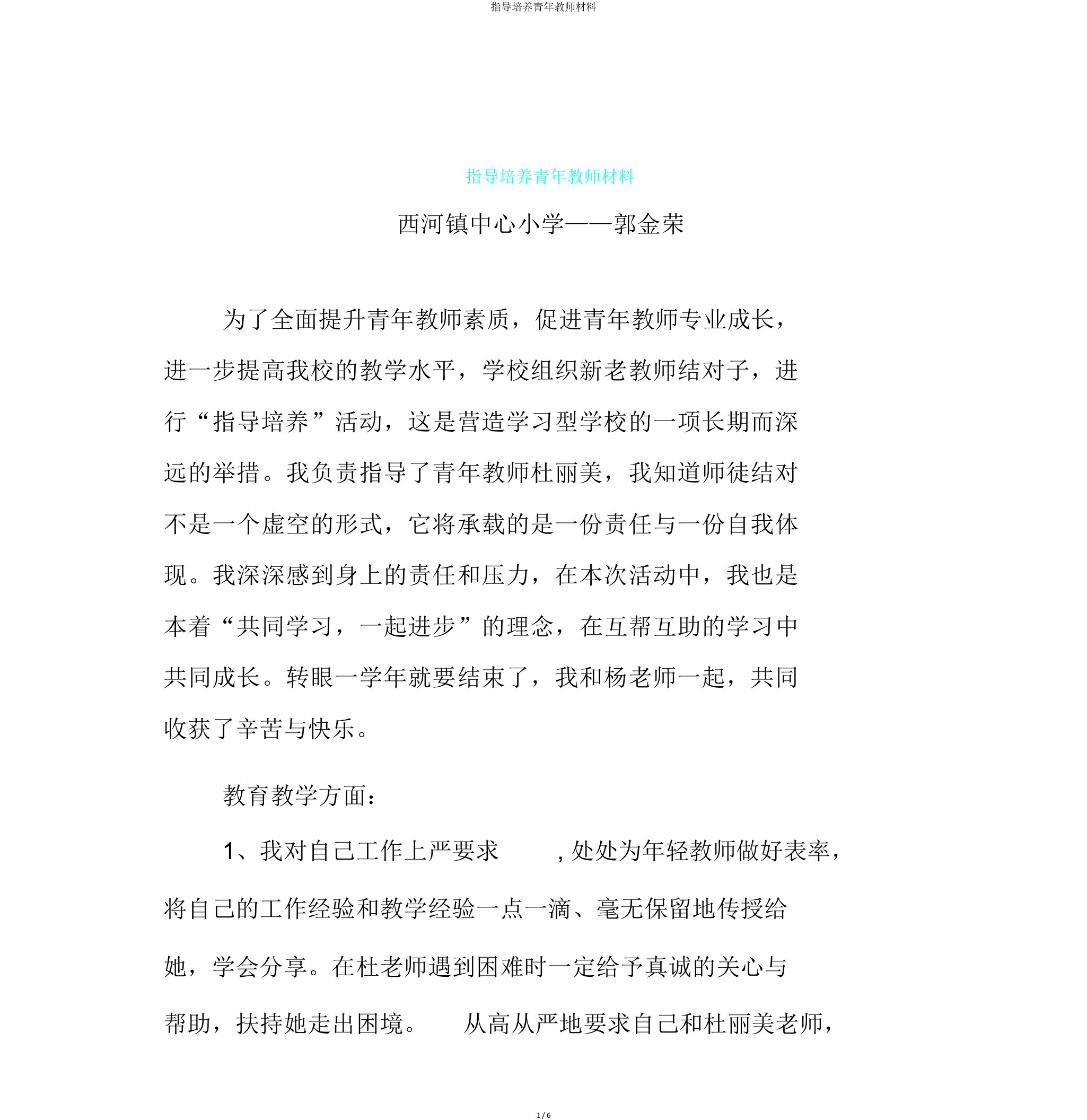 指导培养青年教师材料