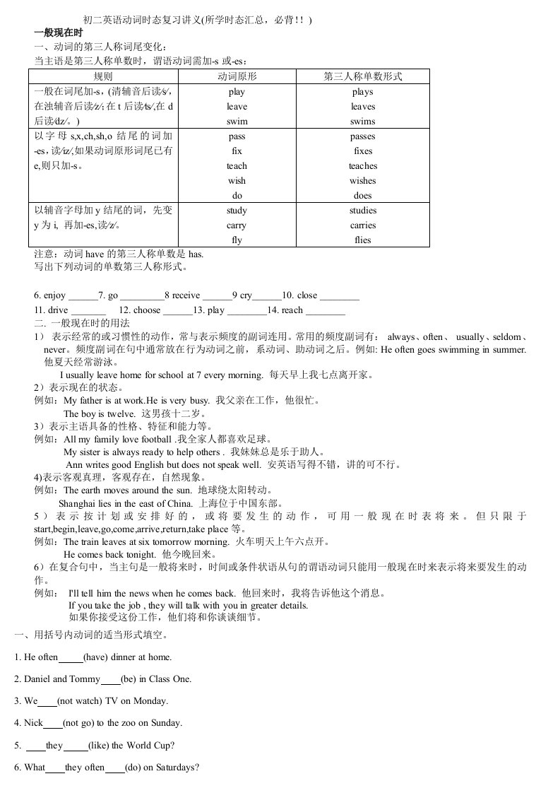 初二英语下册动词时态复习讲义