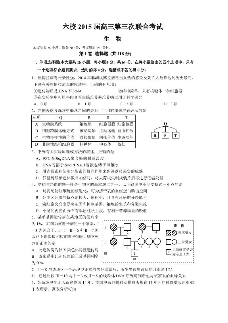 六校2015届高三第三次联合考试(生物)